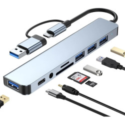 Hub USB Tipo-C 8 en 1 4 USB 3.0 con MicroSD y Audio