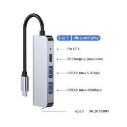 Hub USB Tipo-C 4 en 1 HDMI 4K 2 USB 3.0