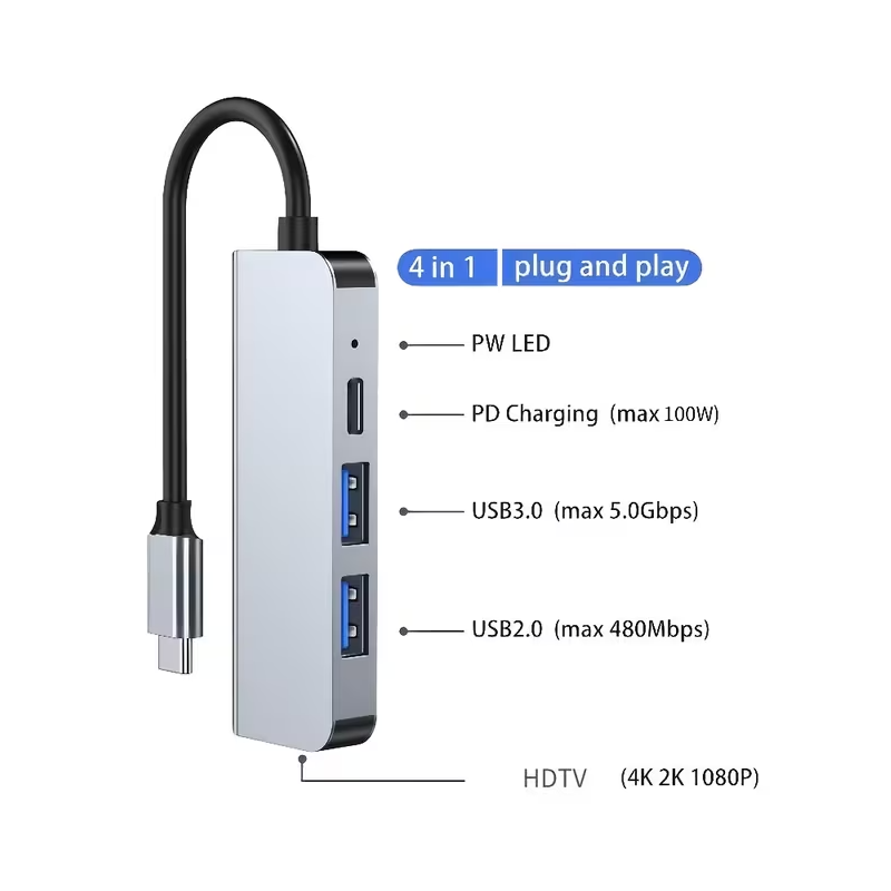 Hub USB Tipo-C 4 en 1 HDMI 4K 2 USB 3.0