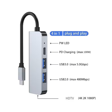 Hub USB Tipo-C 4 en 1 HDMI 4K 2 USB 3.0
