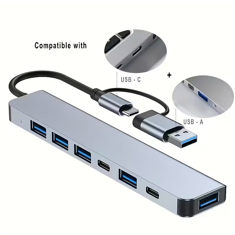 Hub USB Tipo-C 7 en 1 5 USB 3.0 + 2 Tipo-C Metálico
