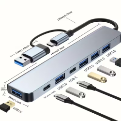 Hub USB Tipo-C 7 en 1 5 USB 3.0 + 2 Tipo-C Metálico