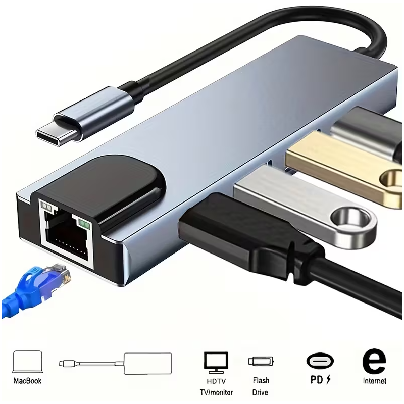 Hub USB Tipo-C HDMI Ethernet 2 USB 3.0 Metálico