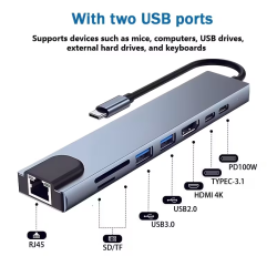 Hub USB Tipo-C 8 en 1 HDMI Ethernet USB 3.0 Metálico