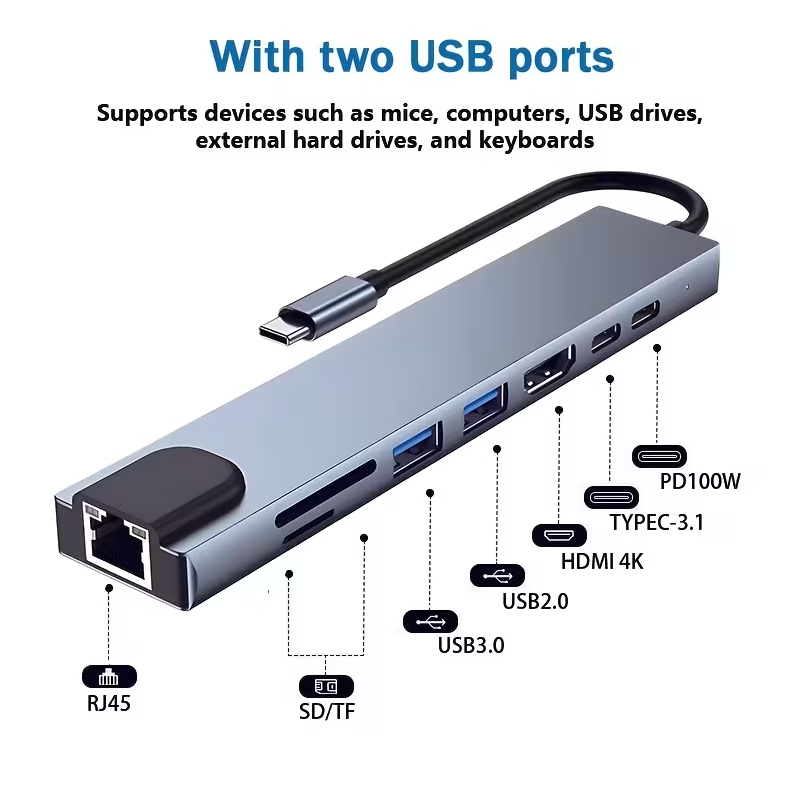 Hub USB Tipo-C 8 en 1 HDMI Ethernet USB 3.0 Metálico