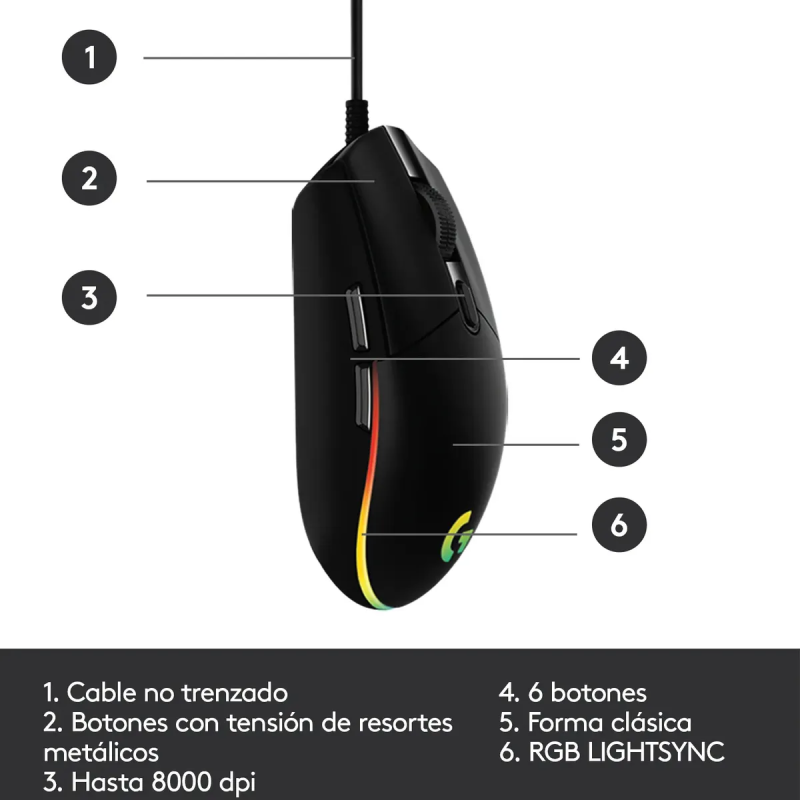 Mouse Logitech Gaming G203 Alambrico RGB Lightsync 8000 DPI